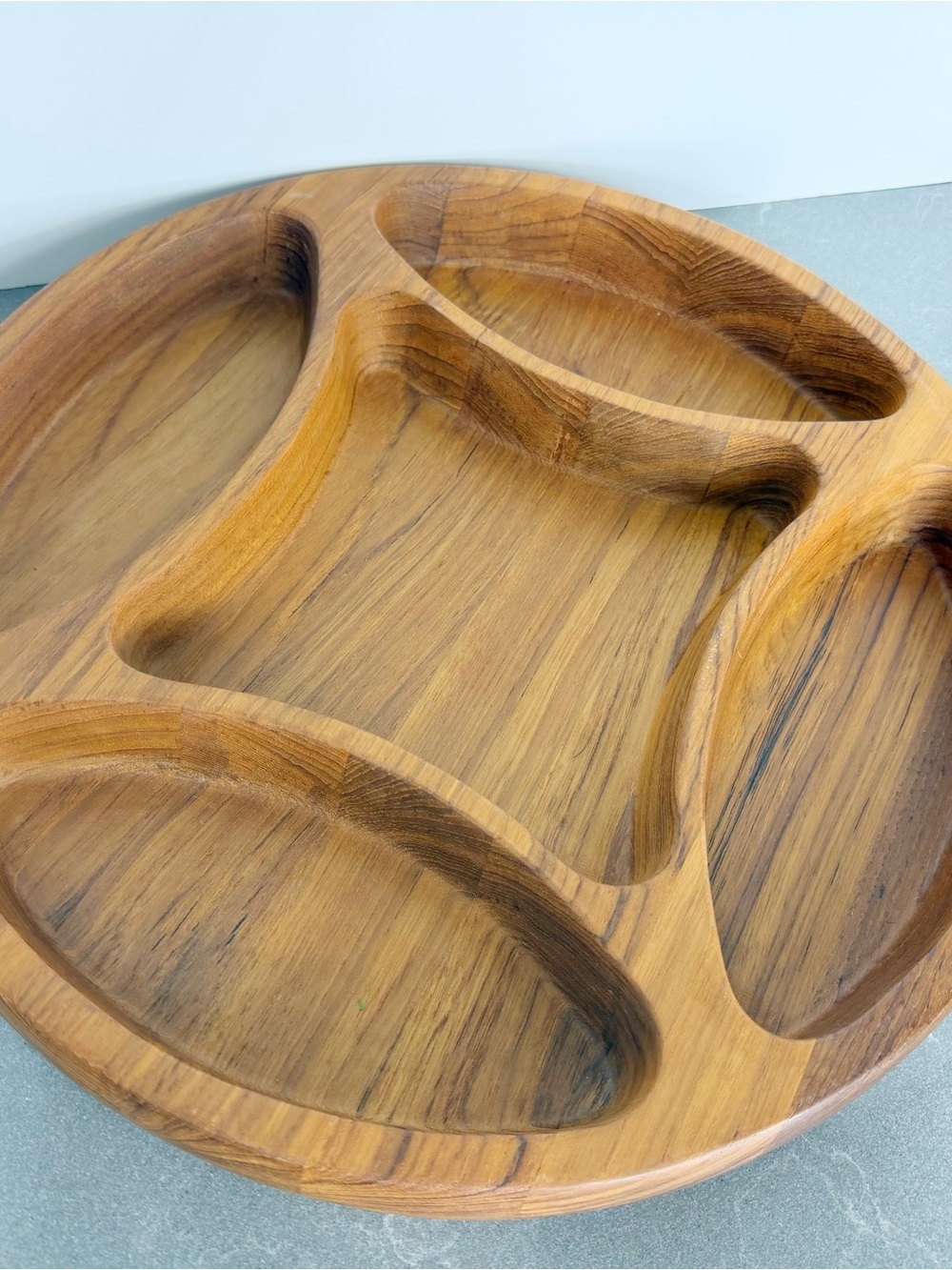 1960s Dansk Teak Wood Round Partitioned Chip Snack Dish Tray